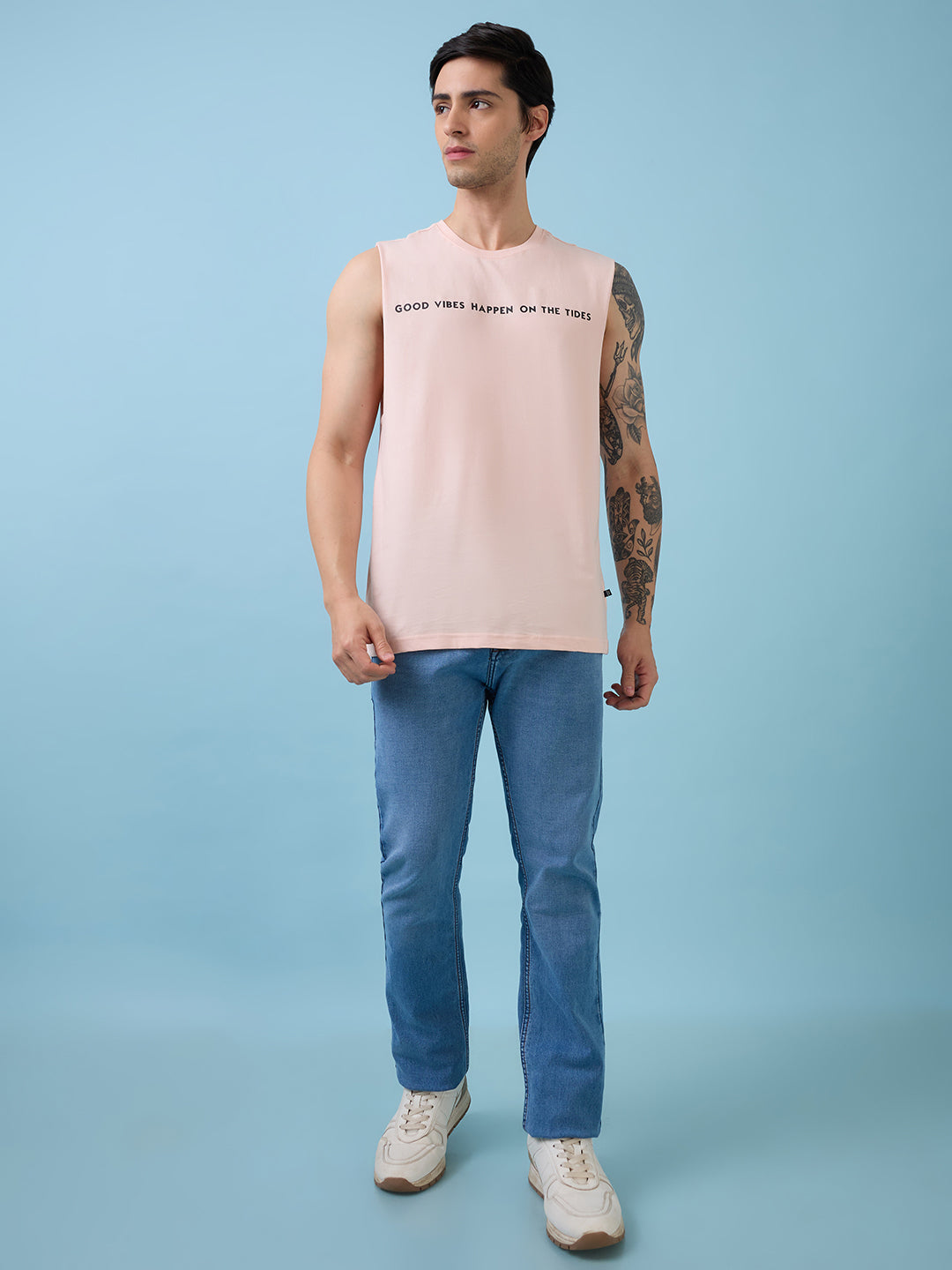 Mens Placement Typography Round Neck Sleeveless Tshirt