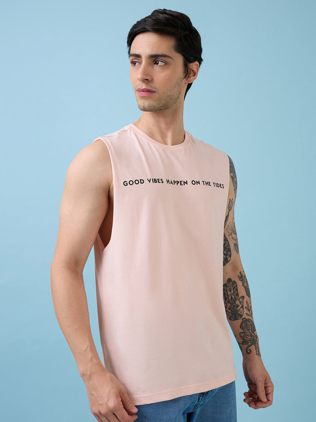 Mens Placement Typography Round Neck Sleeveless Tshirt