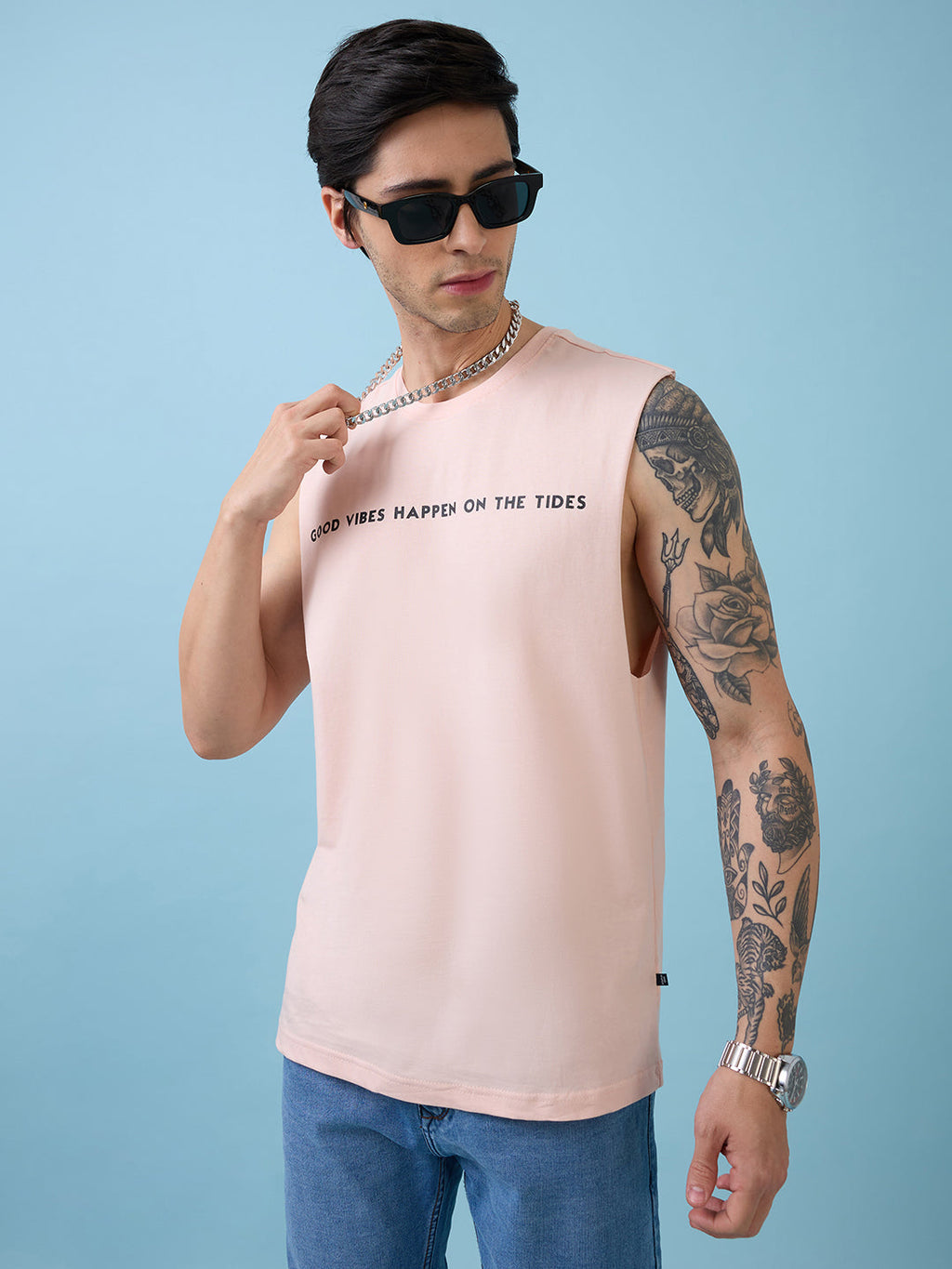Mens Placement Typography Round Neck Sleeveless Tshirt