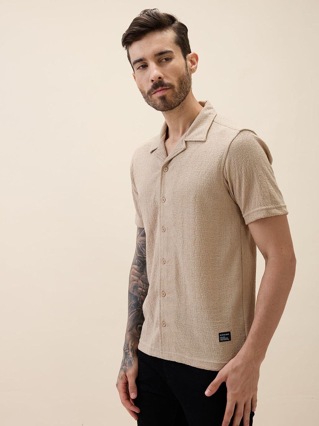 Men's Knitted Solid Cuban Collar Half Sleeves Regular Fit Shirt