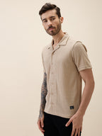 Men's Knitted Solid Cuban Collar Half Sleeves Regular Fit Shirt