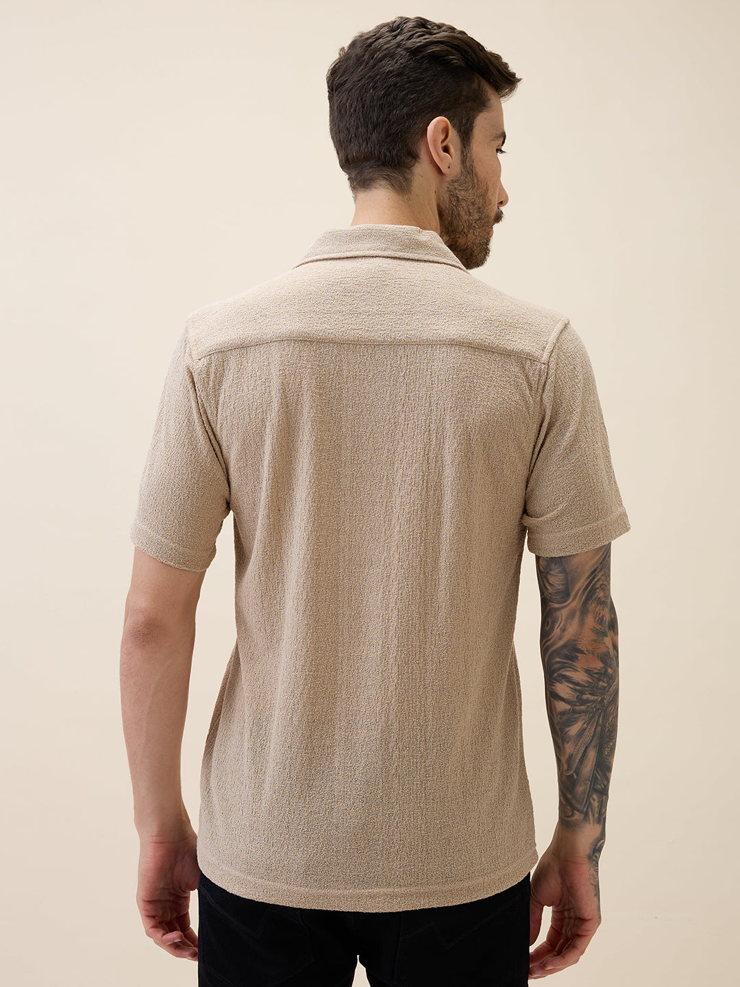 Men's Knitted Solid Cuban Collar Half Sleeves Regular Fit Shirt