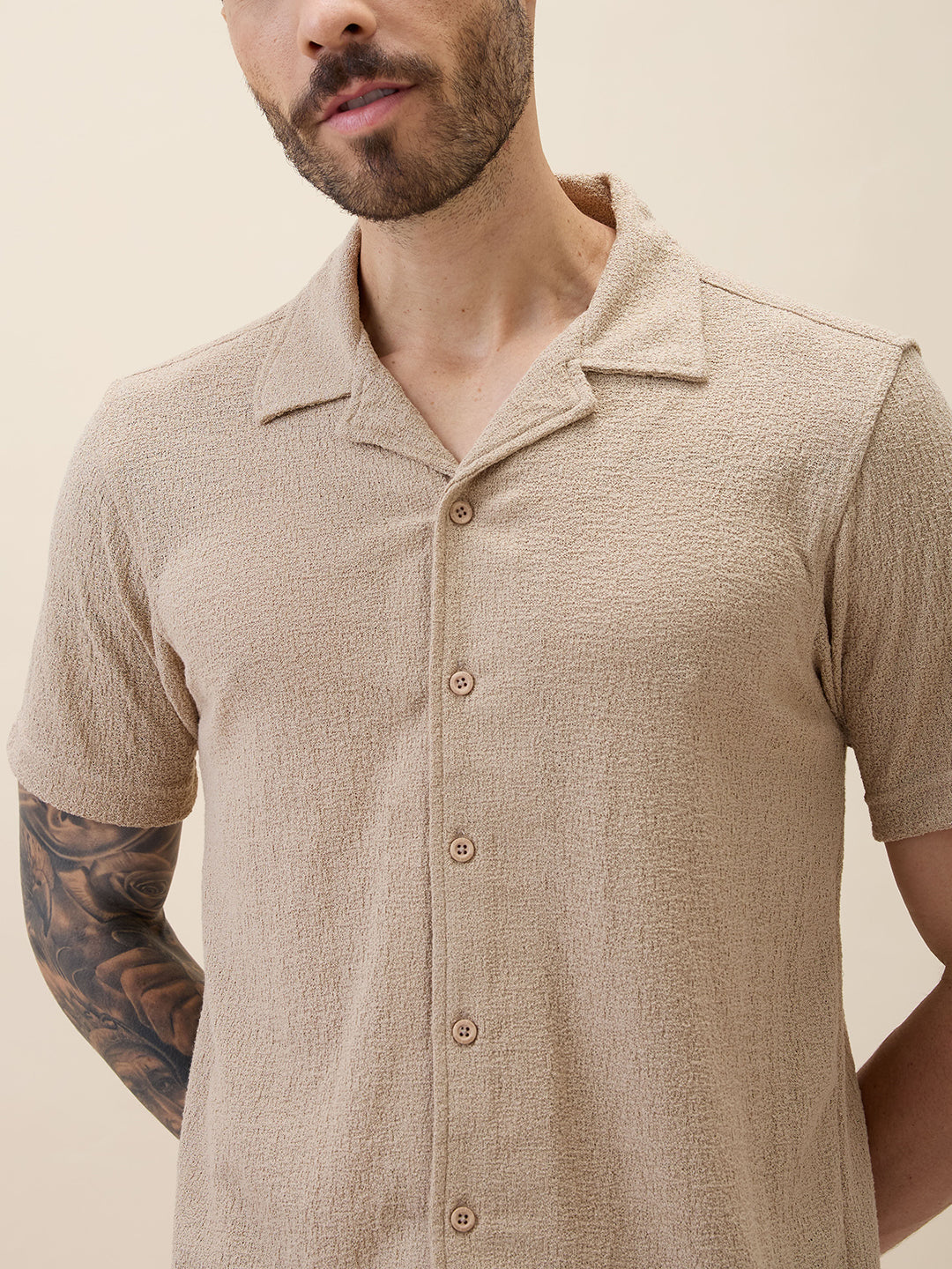 Men's Knitted Solid Cuban Collar Half Sleeves Regular Fit Shirt