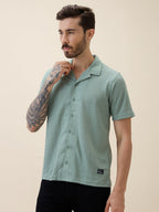 Men's Knitted Solid Cuban Collar Half Sleeves Regular Fit Shirt