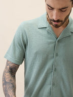 Men's Knitted Solid Cuban Collar Half Sleeves Regular Fit Shirt