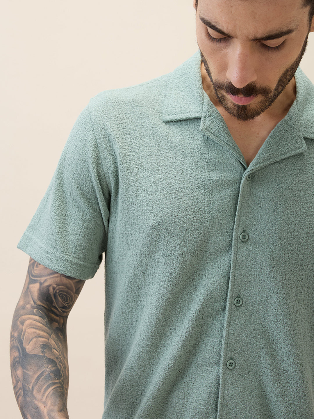Men's Knitted Solid Cuban Collar Half Sleeves Regular Fit Shirt