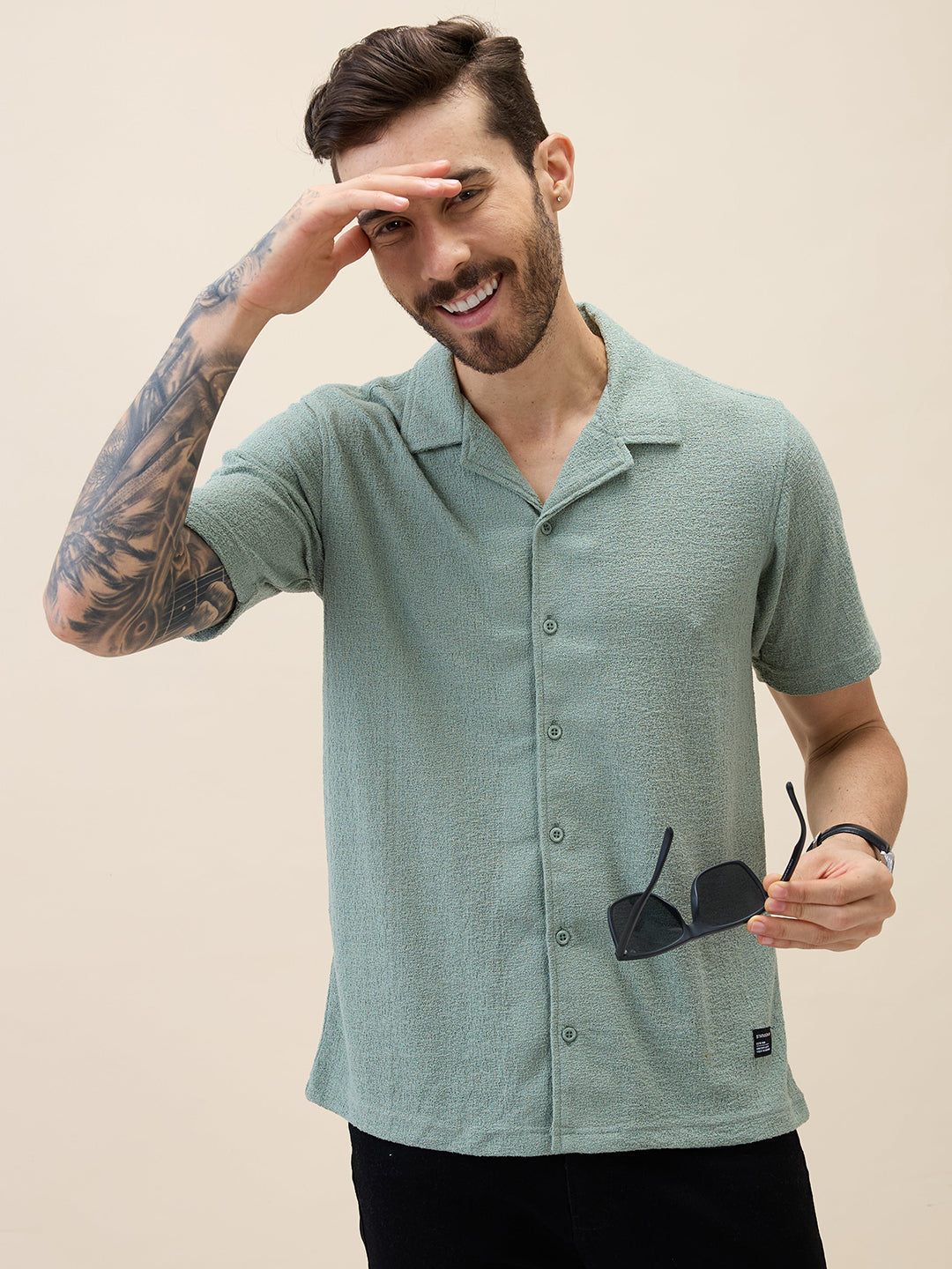 Men's Knitted Solid Cuban Collar Half Sleeves Regular Fit Shirt