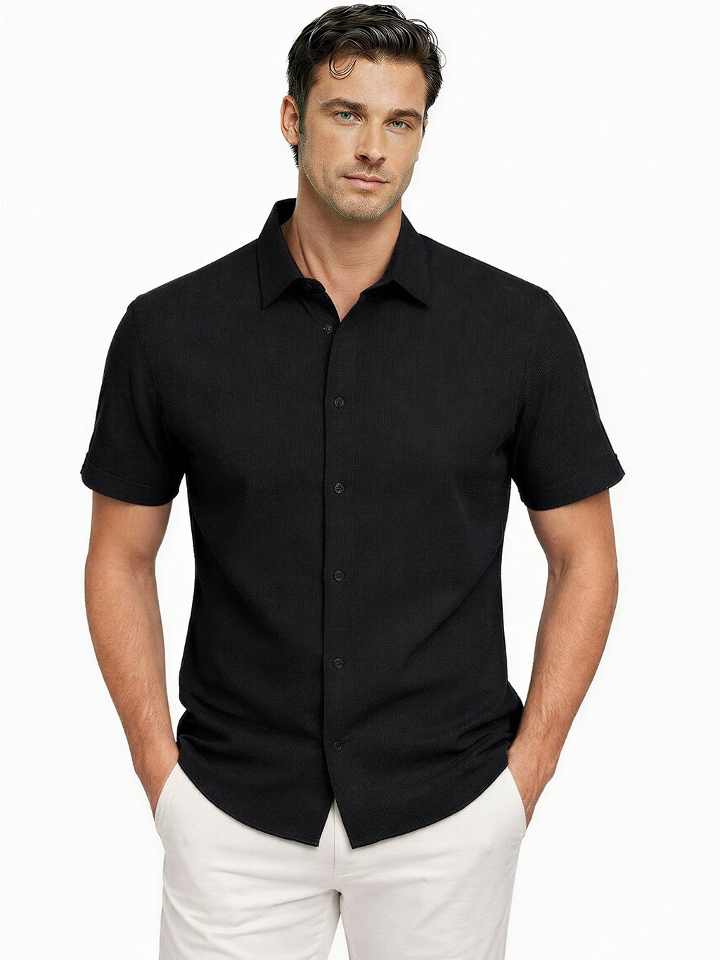 Black Textured Short Sleeve Shirt
