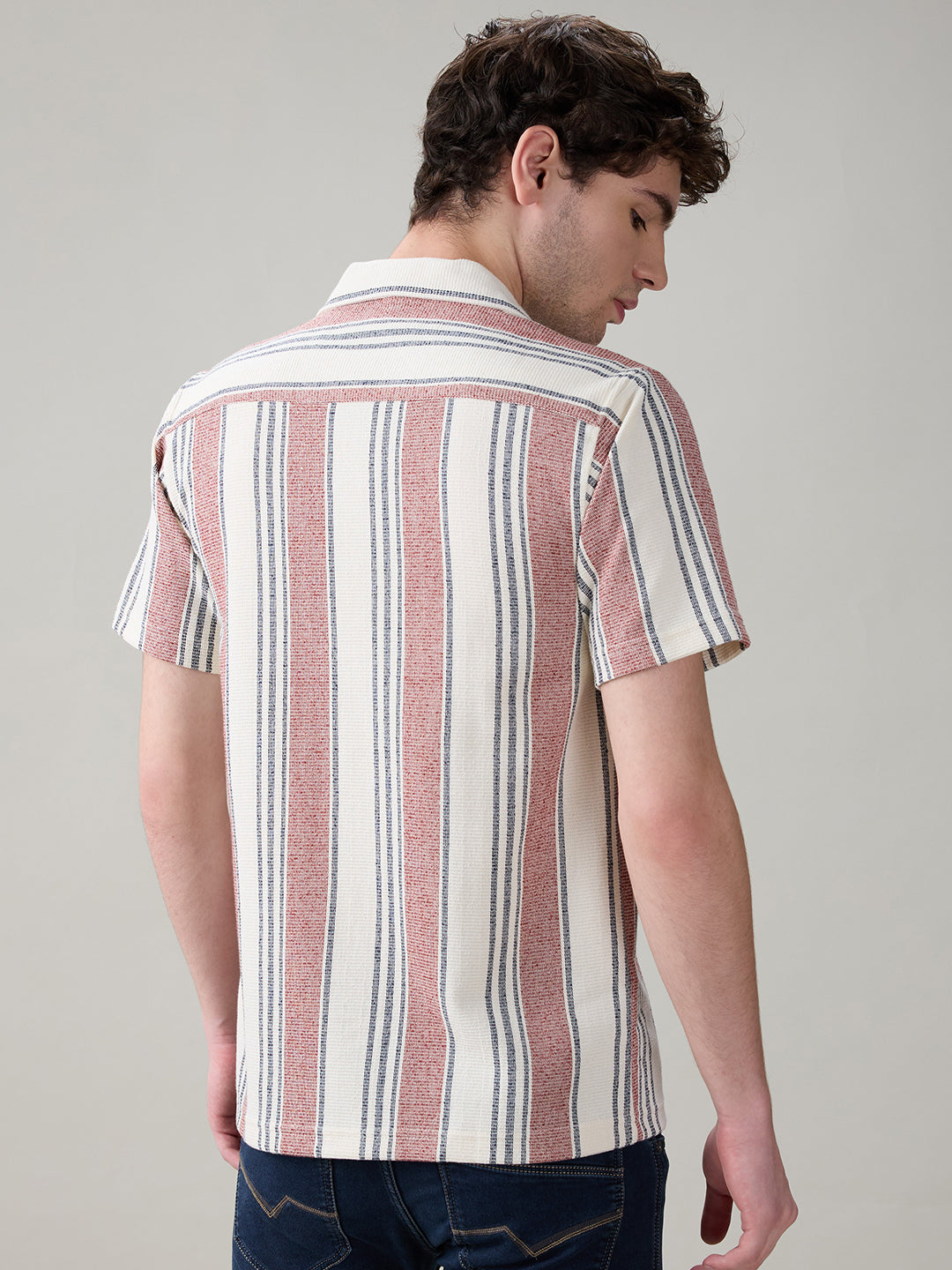 Status Quo Men's Striped Cuban Collar Half Sleeves Regular Fit Shirt