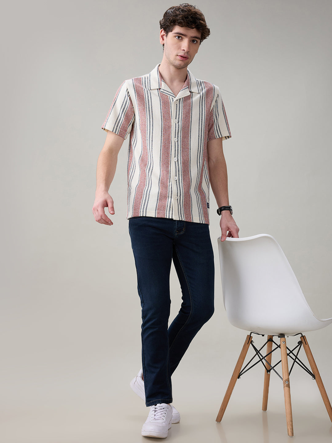 Status Quo Men's Striped Cuban Collar Half Sleeves Regular Fit Shirt
