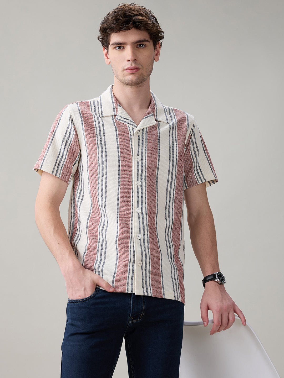 Status Quo Men's Striped Cuban Collar Half Sleeves Regular Fit Shirt