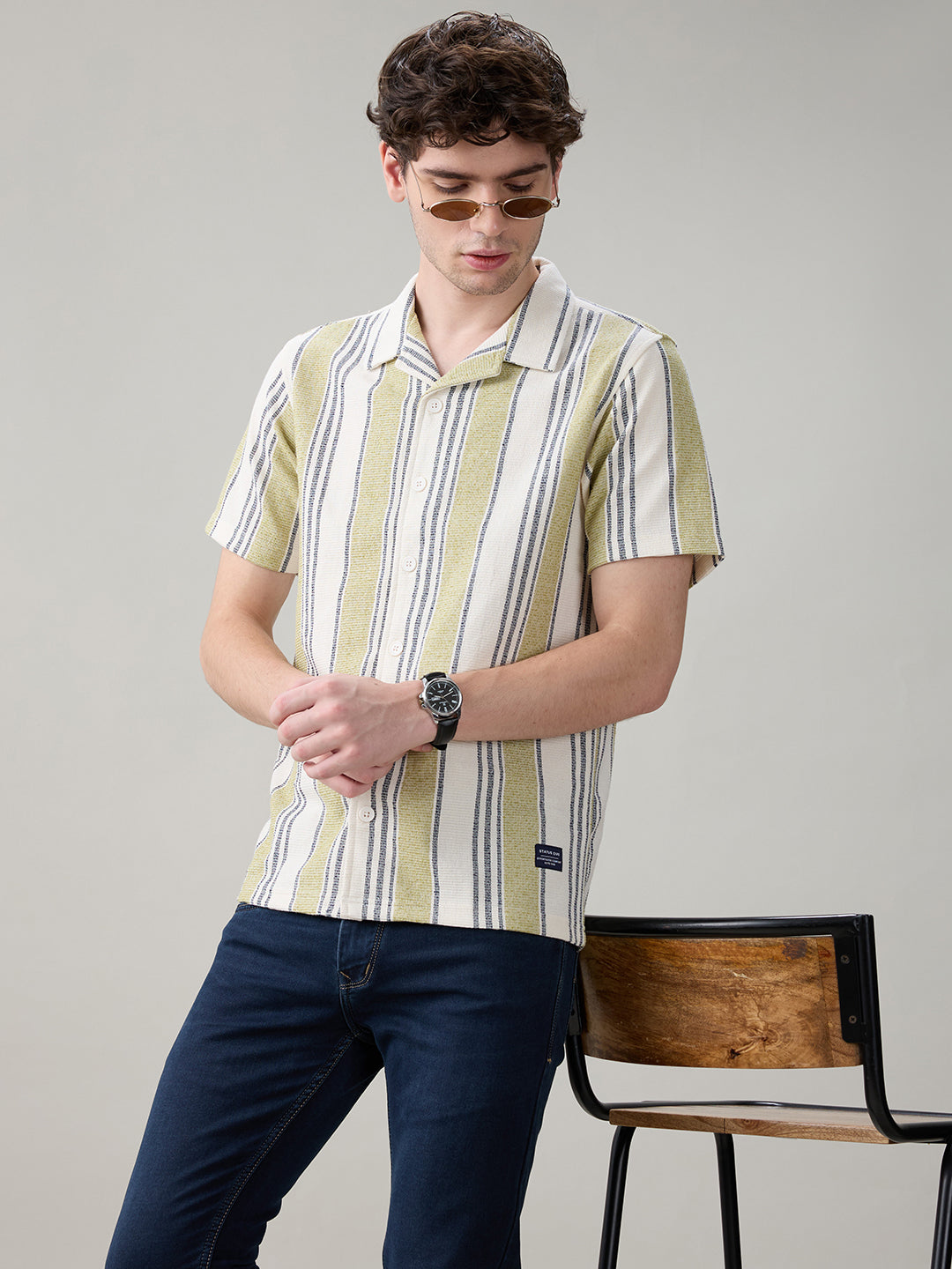 Status Quo Men's Striped Cuban Collar Half Sleeves Regular Fit Shirt