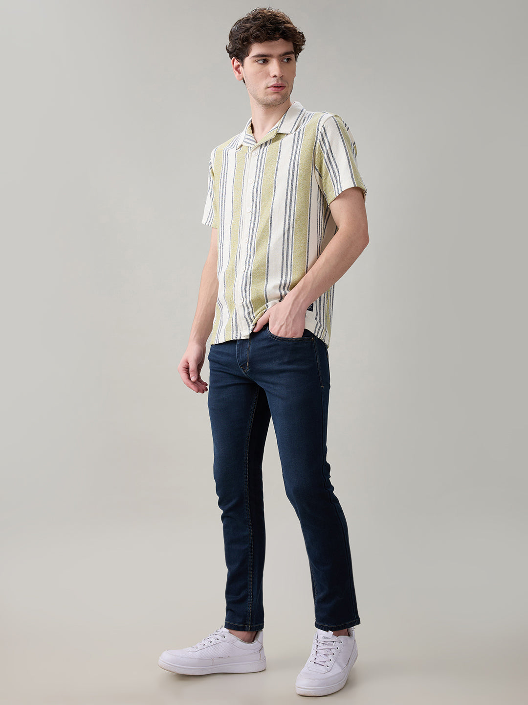 Status Quo Men's Striped Cuban Collar Half Sleeves Regular Fit Shirt