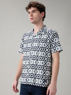 Status Quo Men’s Geometric Printed Cuban Collar Half Sleeves Regular Fit Shirt