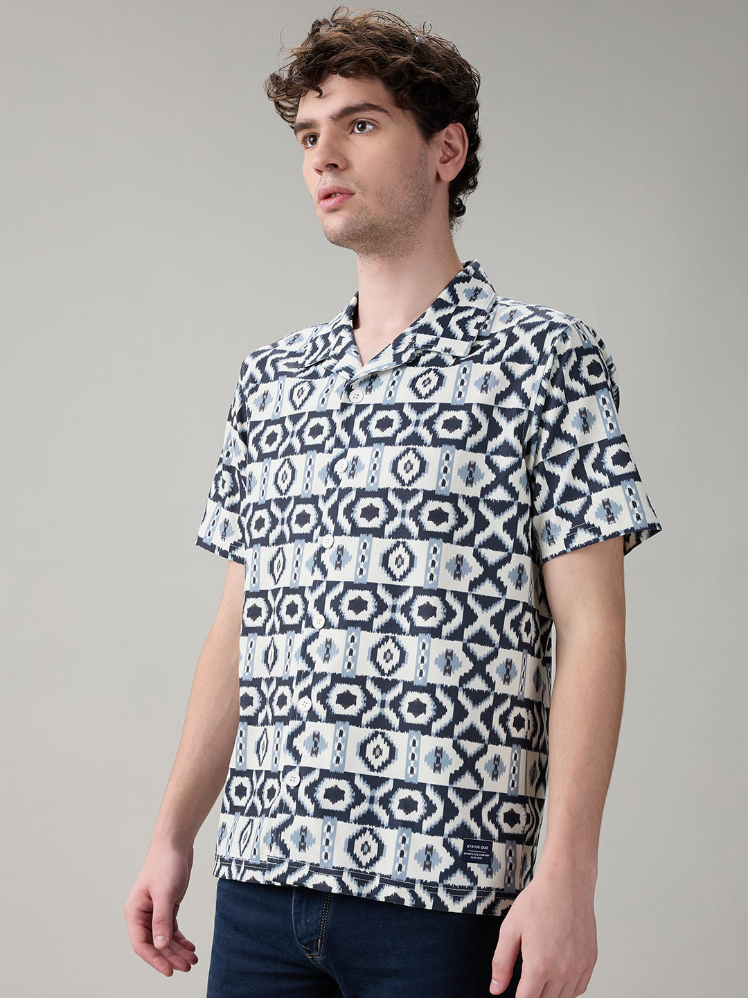 Status Quo Men’s Geometric Printed Cuban Collar Half Sleeves Regular Fit Shirt