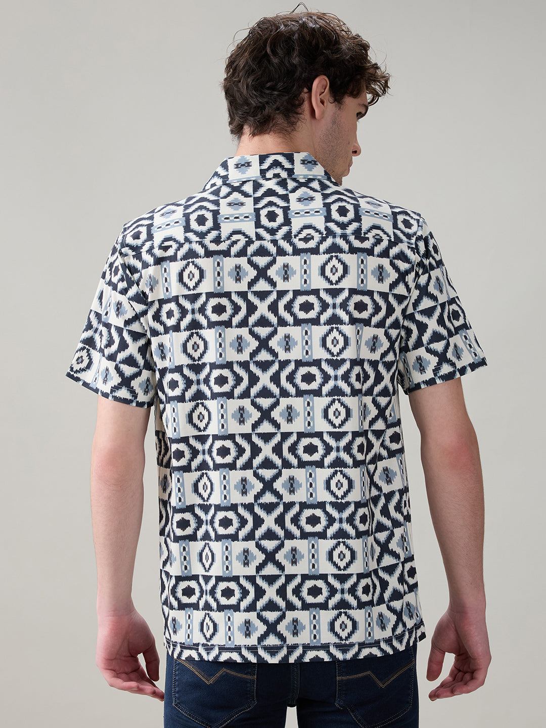 Status Quo Men’s Geometric Printed Cuban Collar Half Sleeves Regular Fit Shirt