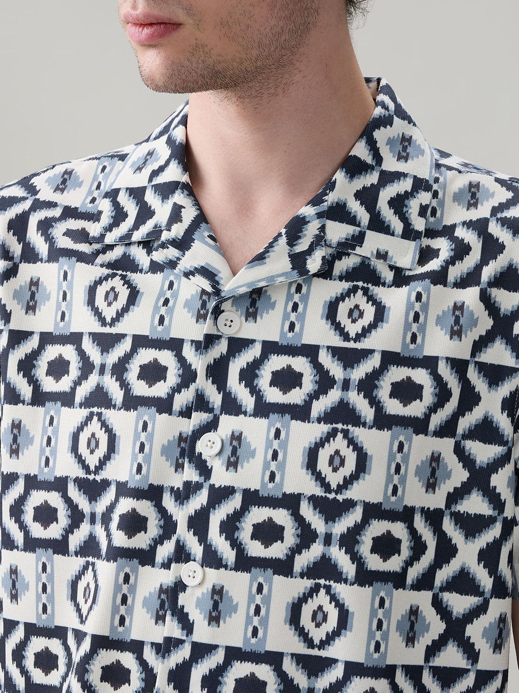 Status Quo Men’s Geometric Printed Cuban Collar Half Sleeves Regular Fit Shirt