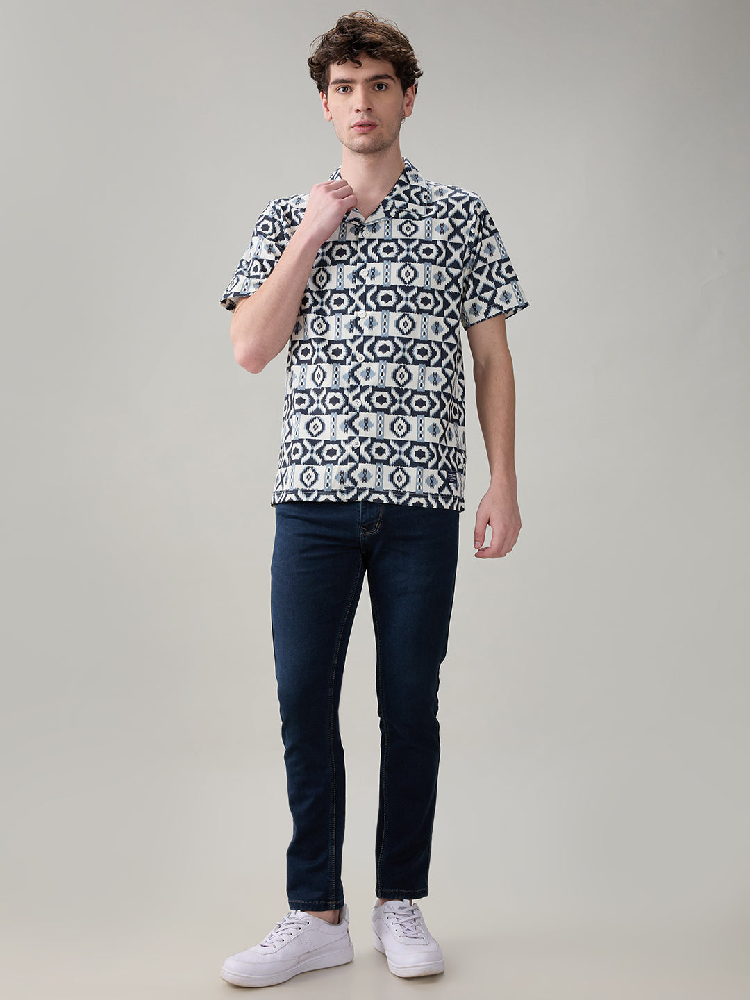 Status Quo Men’s Geometric Printed Cuban Collar Half Sleeves Regular Fit Shirt