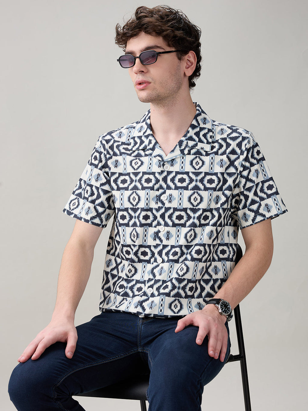 Status Quo Men’s Geometric Printed Cuban Collar Half Sleeves Regular Fit Shirt