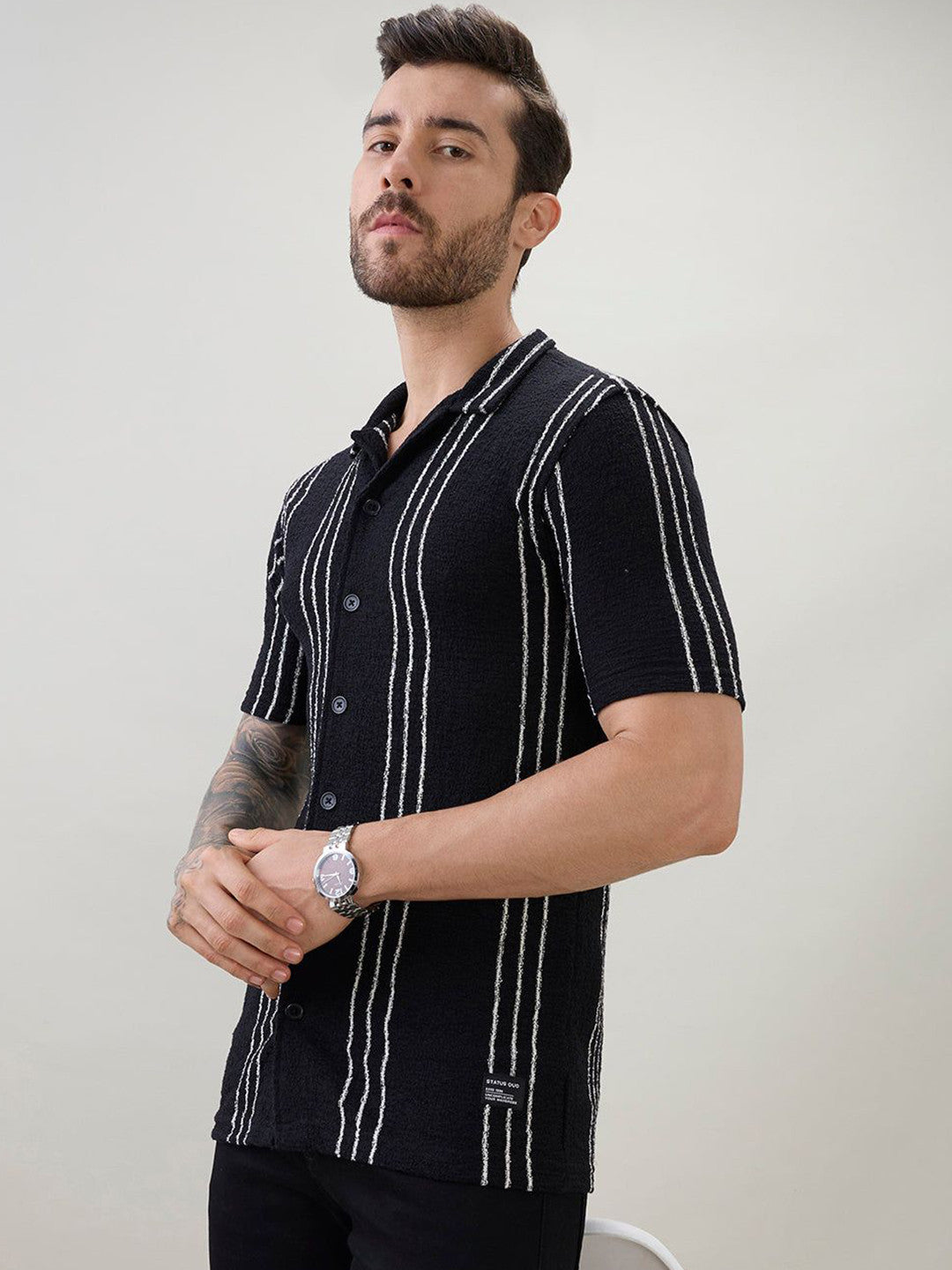 Black Vertical Striped Cuban Collar Shirt