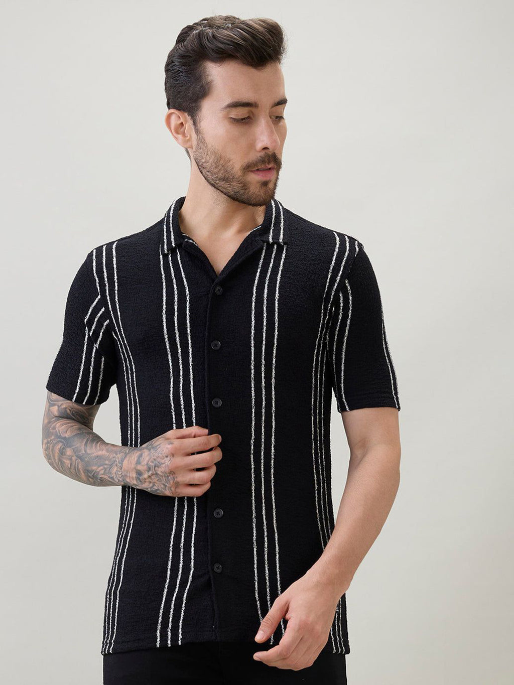 Black Vertical Striped Cuban Collar Shirt