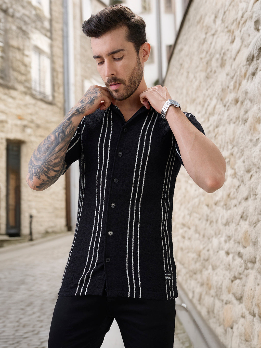 Black Vertical Striped Cuban Collar Shirt