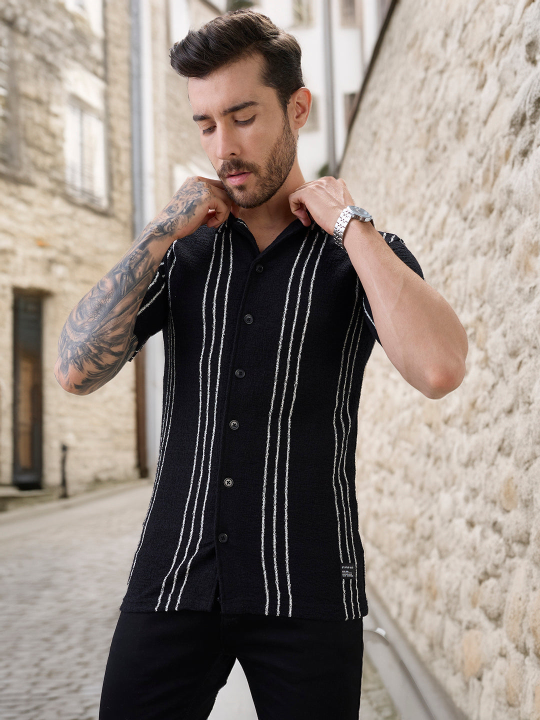 Black Vertical Striped Cuban Collar Shirt