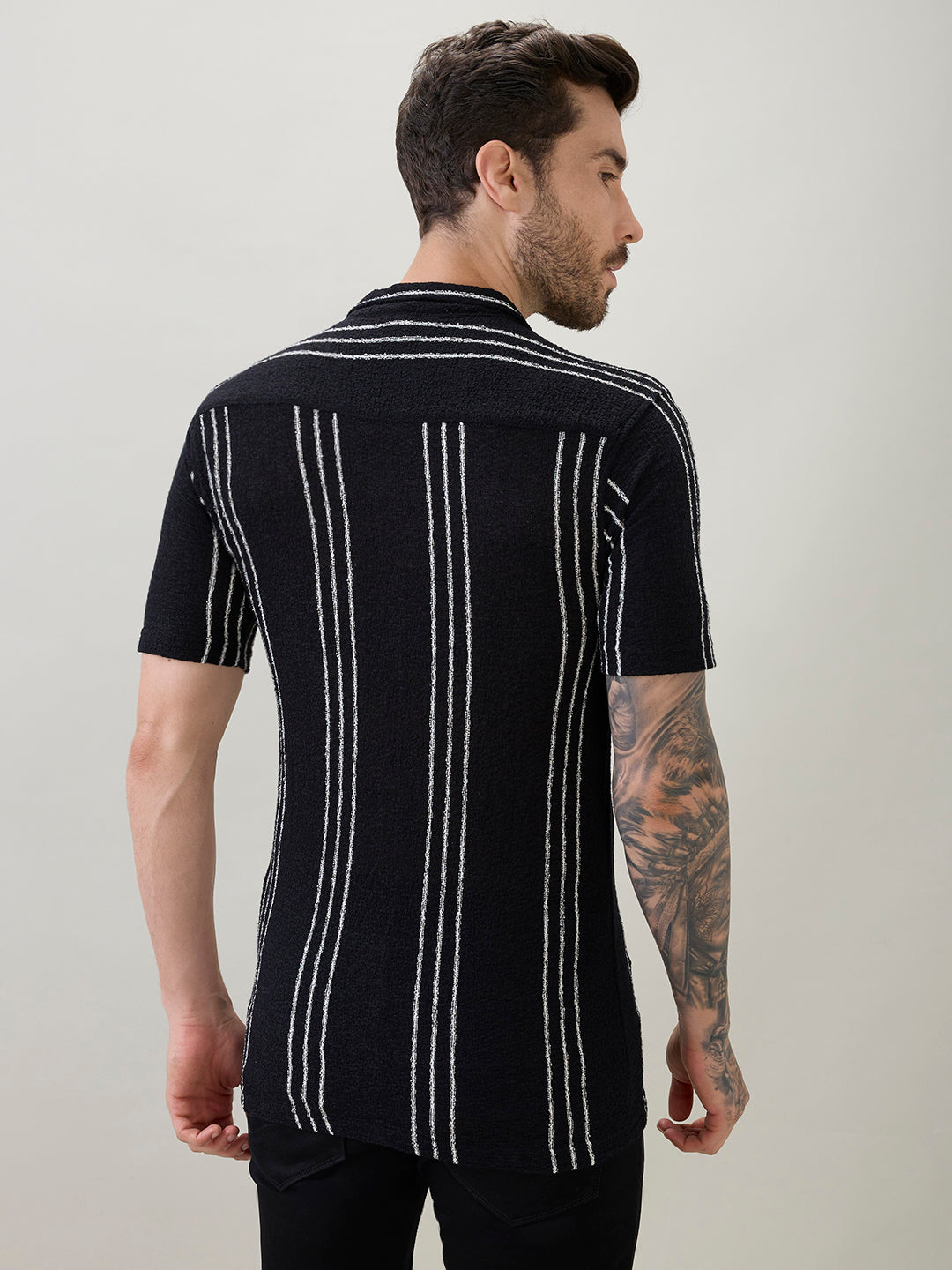 Black Vertical Striped Cuban Collar Shirt