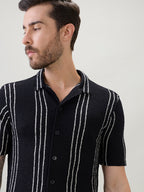 Black Vertical Striped Cuban Collar Shirt