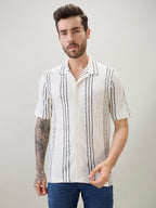 Off White Vertical Striped Cuban Collar Shirt
