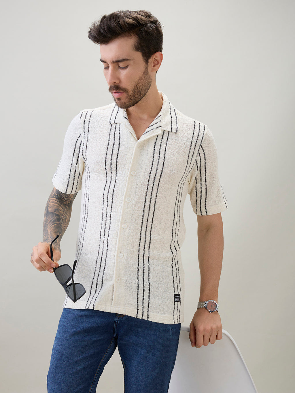 Off White Vertical Striped Cuban Collar Shirt