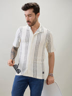 Off White Vertical Striped Cuban Collar Shirt