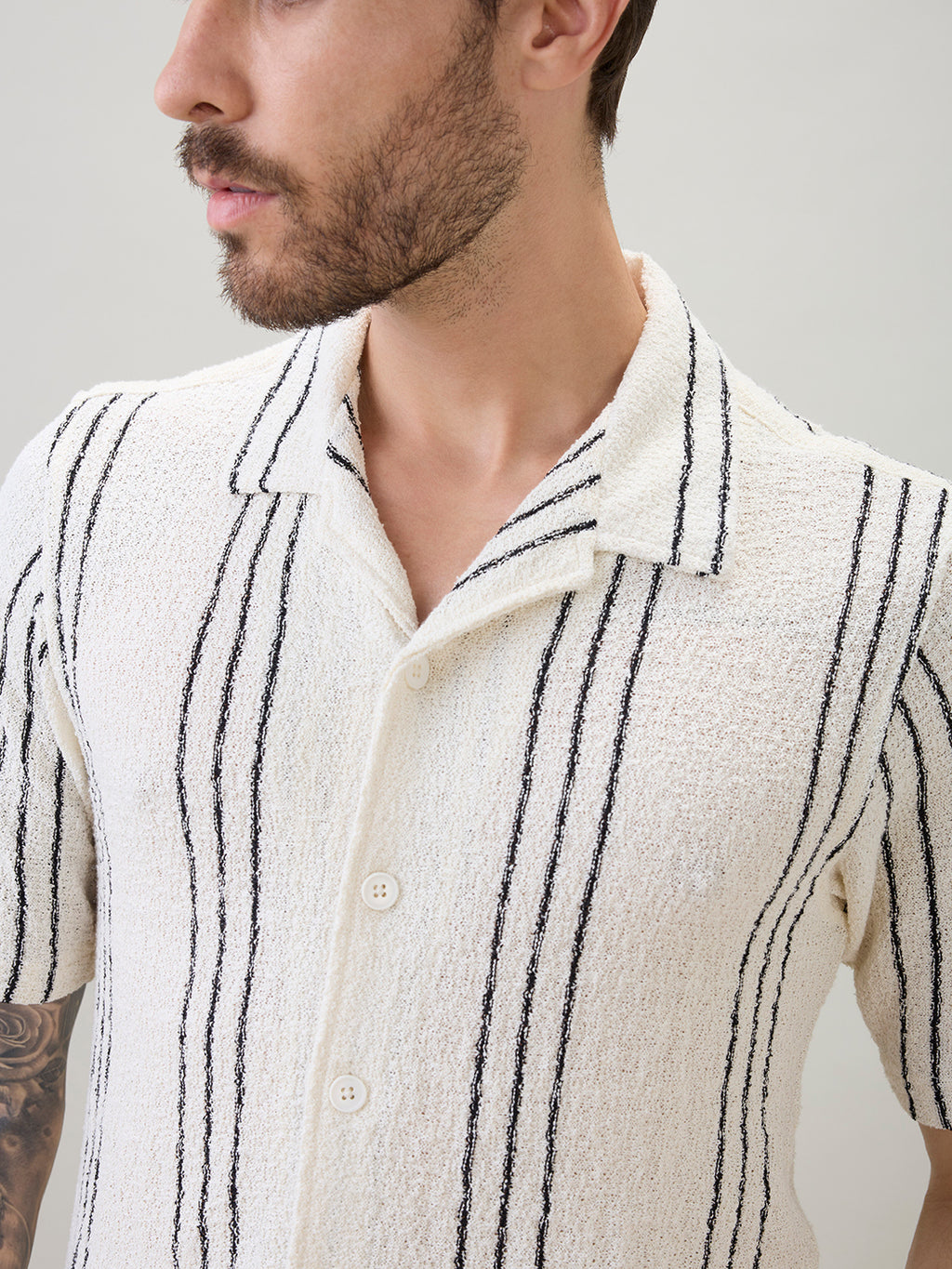 Off White Vertical Striped Cuban Collar Shirt