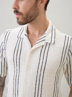 Off White Vertical Striped Cuban Collar Shirt