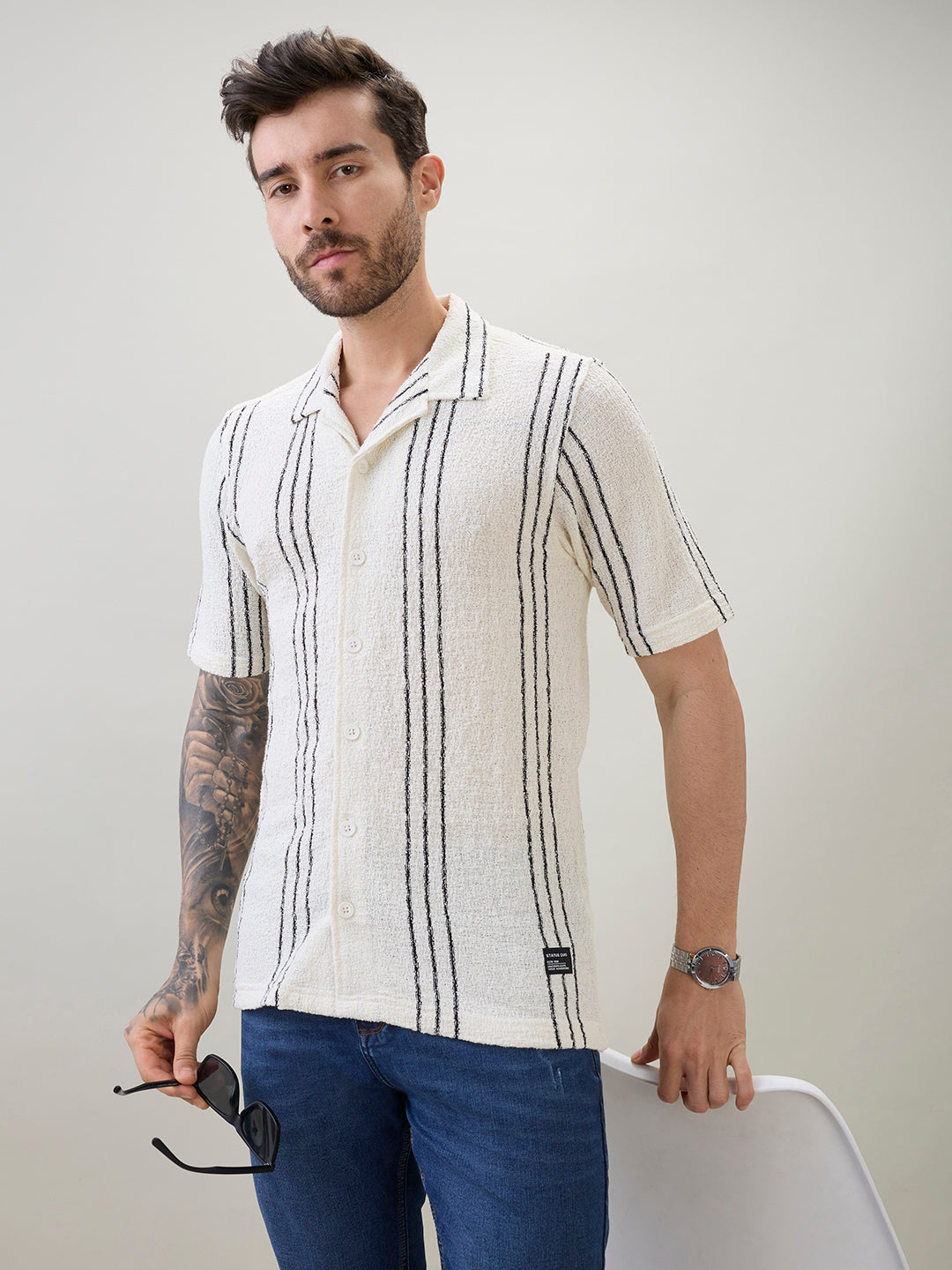 Off White Vertical Striped Cuban Collar Shirt