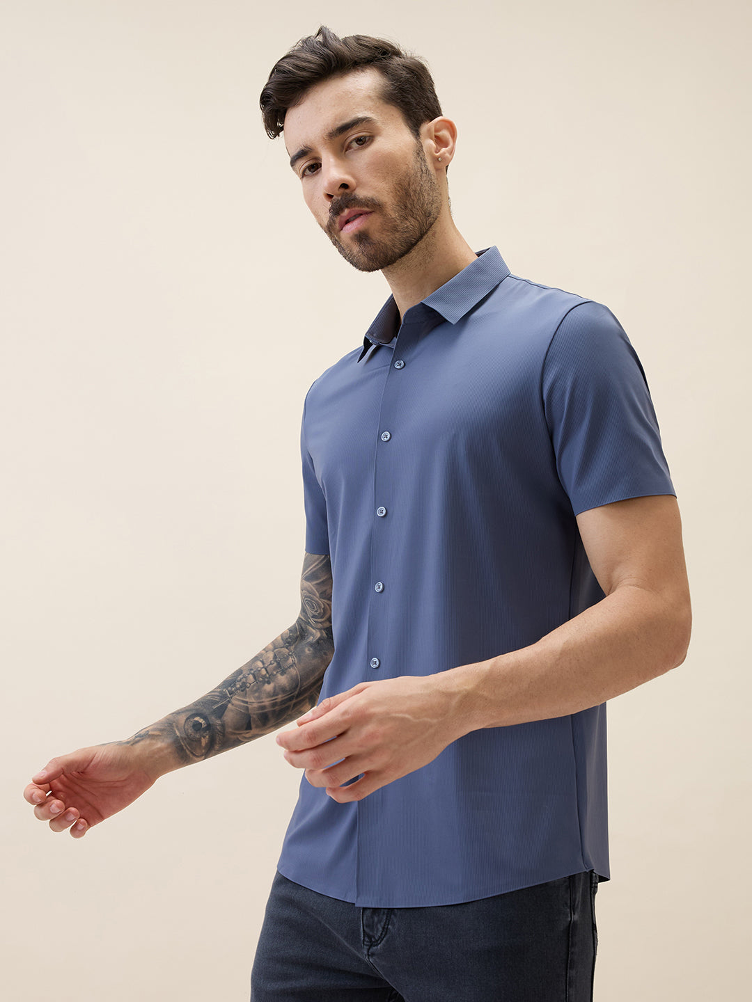 Mens Premium Solid Cuban Collar Half Sleeves Regular Fit Shirt