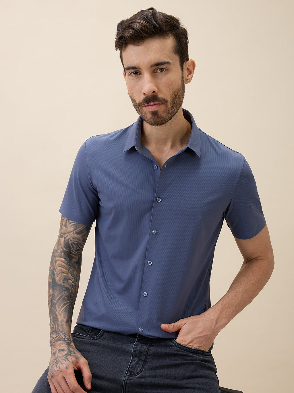 Mens Premium Solid Cuban Collar Half Sleeves Regular Fit Shirt