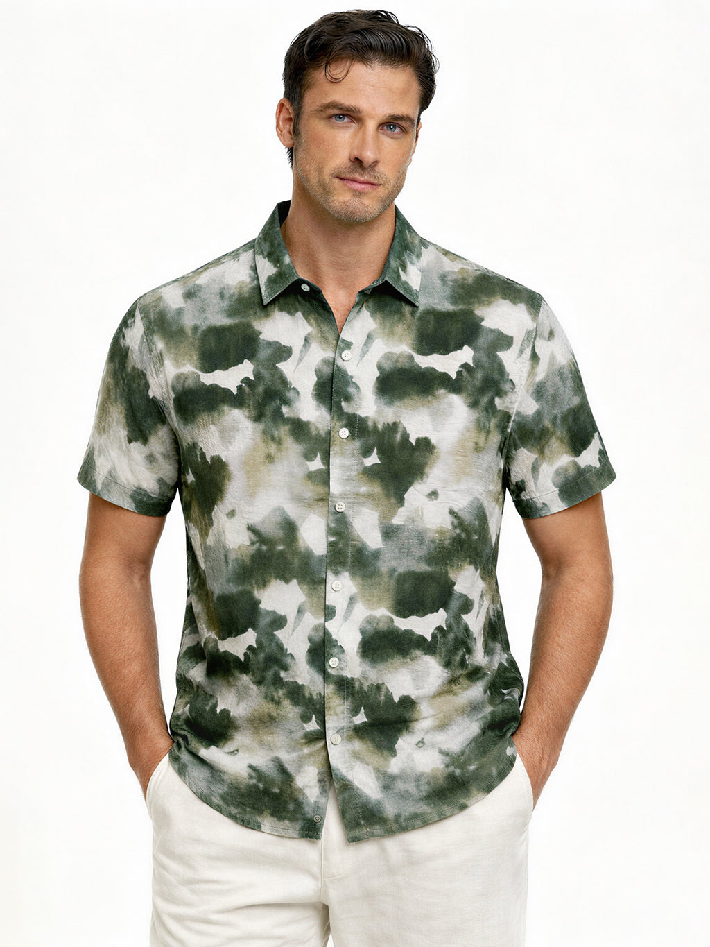 Green Abstract Print Short Sleeve Shirt