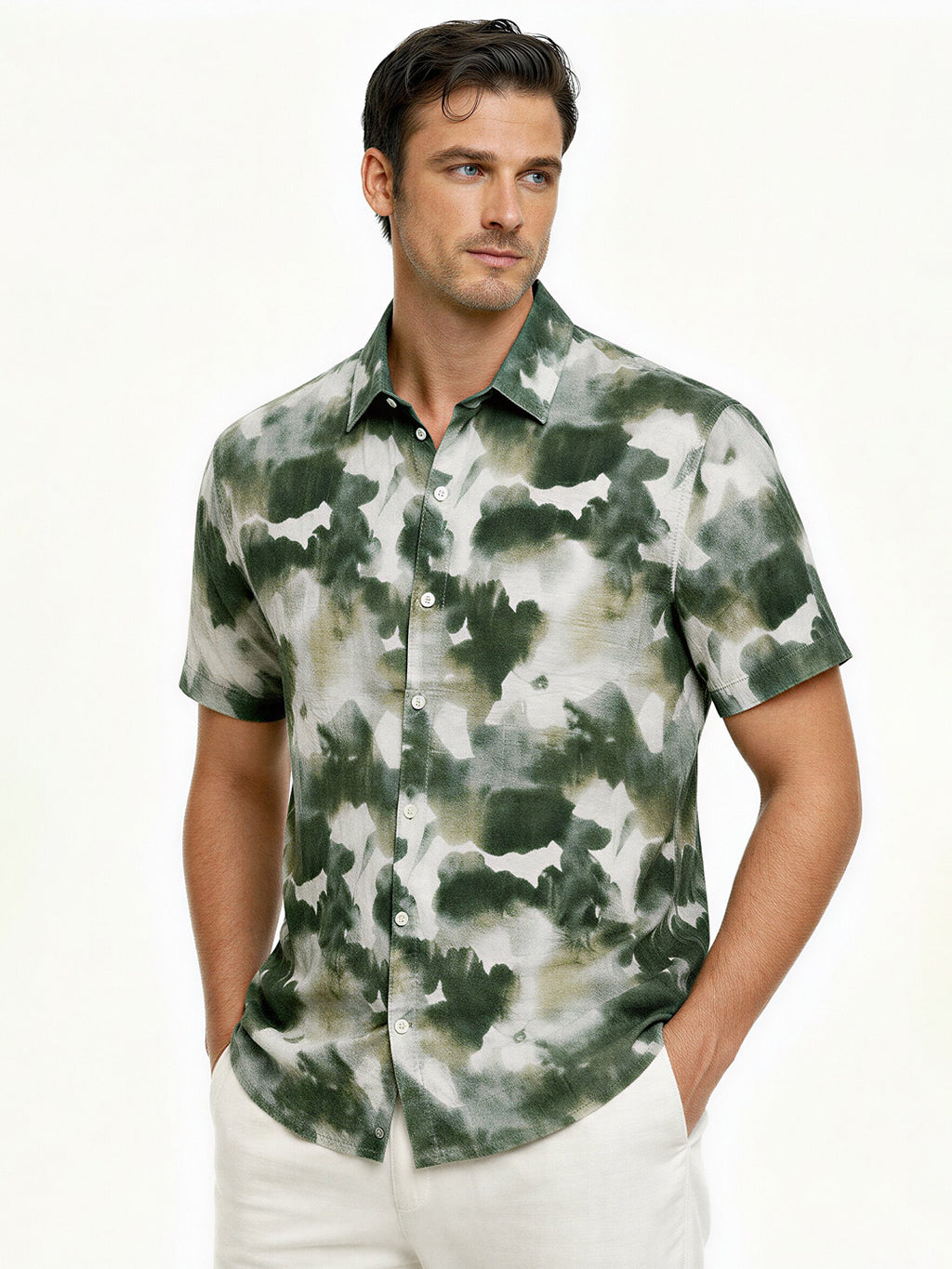 Green Abstract Print Short Sleeve Shirt