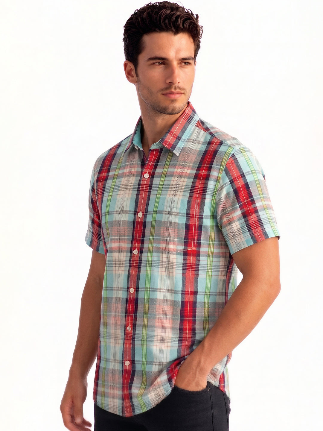 Light Blue Multi-Check Half Sleeve Shirt
