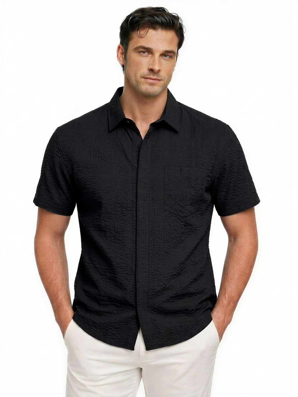 Black Crinkled Texture Short Sleeve Shirt