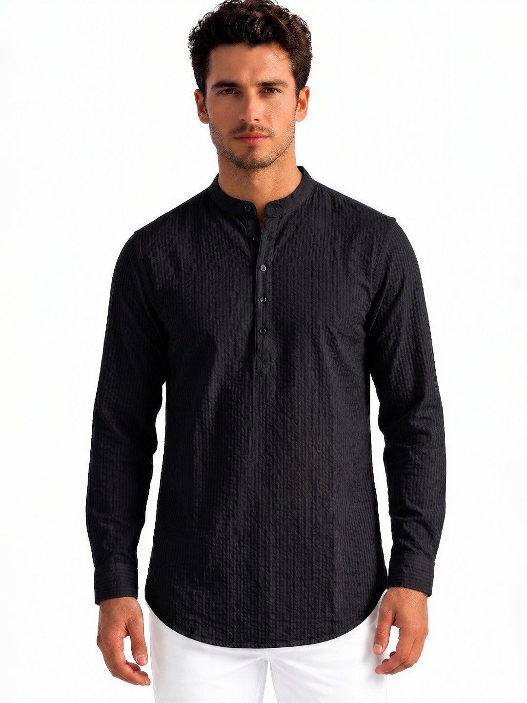 Black Textured Band Collar Shirt