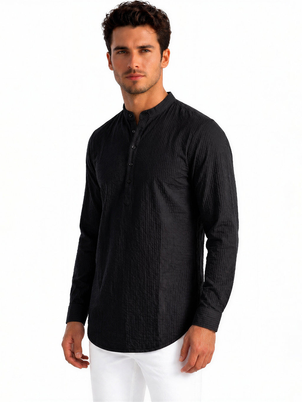 Black Textured Band Collar Shirt