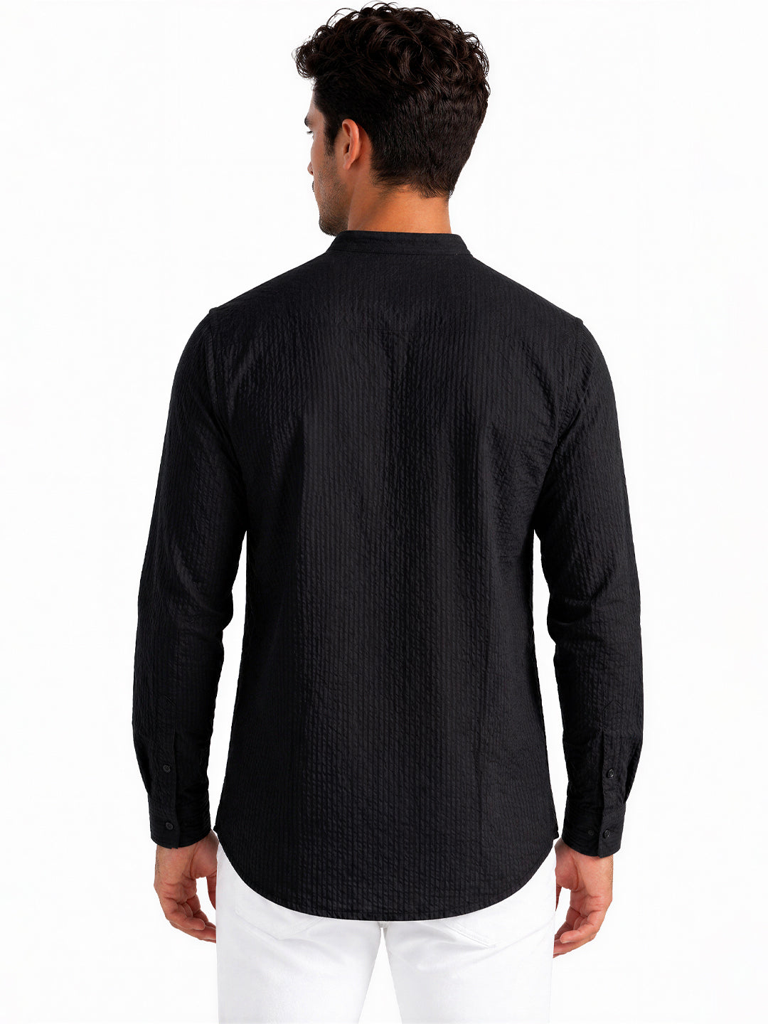 Black Textured Band Collar Shirt