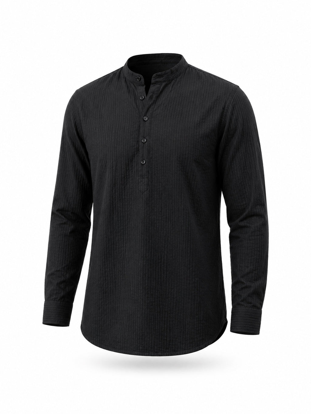 Black Textured Band Collar Shirt