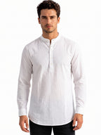 White Textured Band Collar Shirt