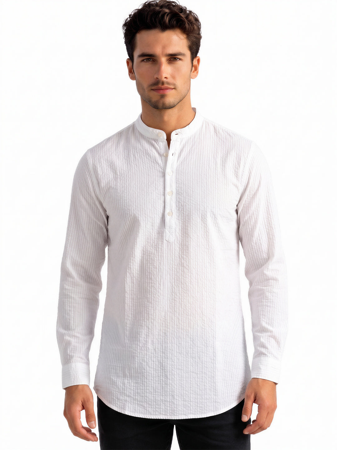 White Textured Band Collar Shirt