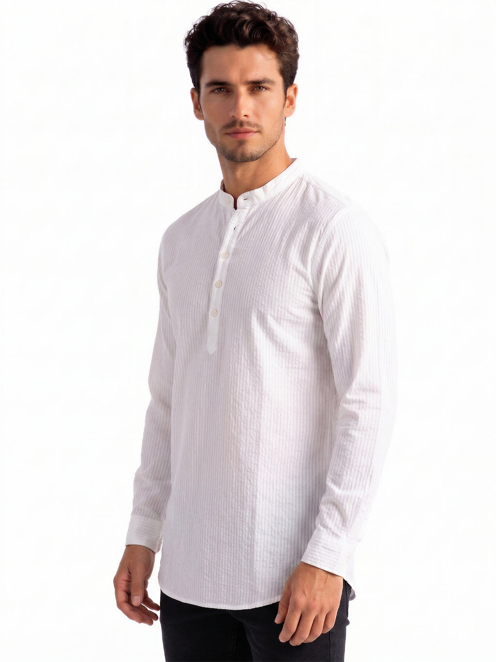 White Textured Band Collar Shirt