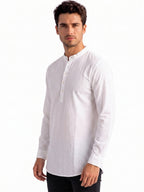 White Textured Band Collar Shirt