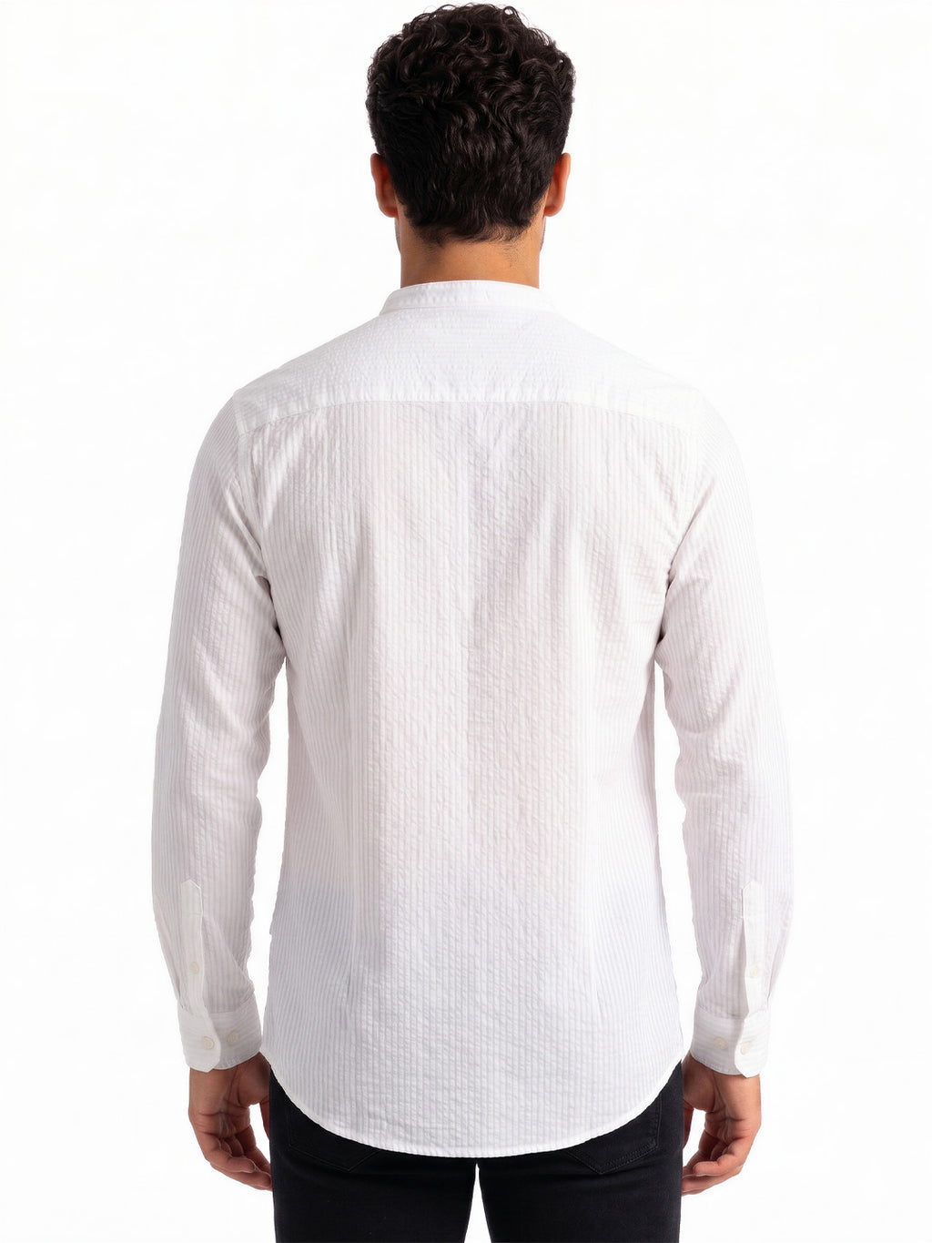 White Textured Band Collar Shirt